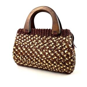 Vintage Woven Top Handle Medium Sized Handbag • Straw and Natural Fibers • Wood